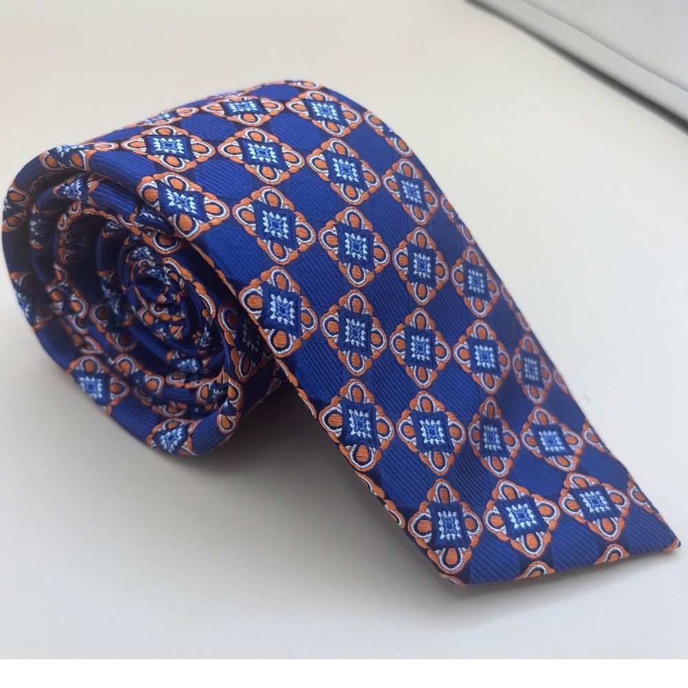 Jos A Bank Signature Mens Silk Tie Blue Orange Geometric Medallion Silk Necktie